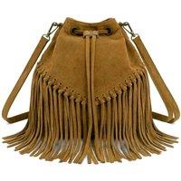 Kitise Women's Drawstring Closure Soft Real Suede Leather Boho Fringe Bucket Bag in Brown