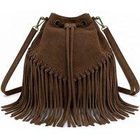 Kitise Women's Drawstring Closure Soft Real Suede Leather Boho Fringe Bucket Bag in Dark Brown