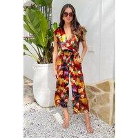 AX Paris Women's Multi Floral Print Wrap Top Flutter Sleeve Belted Jumpsuit | Size: 8