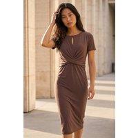Roman Women's Petite Keyhole Twist Waist Dress in Chocolate | Size: 14