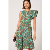 Dals Hart Women's Asymmetric Ruffle Midi Dress in Green Floral Print | Size: Small