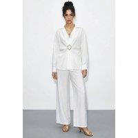 Bianco Lucci Women's Oversized Button-Up Shirt & Wide Leg Pants Co-ord in White | Size: Medium