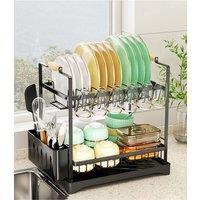 Living and Home 2-Tier Dish Drying Rack Plate Cup Drainer with Detachable Drainboards & Kitchenware Holder in Black