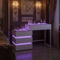 FENCHILIN 2 in 1 RGB Lighting Bedside Dressing Table with 5 Drawers 130x40x81CM in White | Size: 130 x 40 x 81 cm