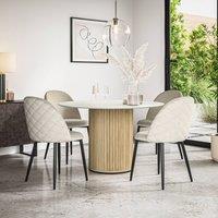 More4Homes Arlo White Marble Table Top W Oak Legs + Raye Velvet Dining Chair Set Of 6 in Beige