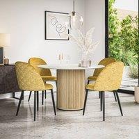 More4Homes Arlo White Marble Table Top W Oak Legs + Raye Velvet Dining Chair Set Of 6 in Mustard