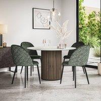 More4Homes Arlo White Marble Table Top W Walnut Legs + Raye Velvet Dining Chair Set Of 6 in Grey