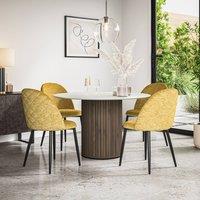 More4Homes Arlo White Marble Table Top W Walnut Legs + Raye Velvet Dining Chair Set Of 6 in Mustard