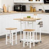 HOMCOM Drop Leaf Bamboo Breakfast Cart with Two Kitchen Stools in White
