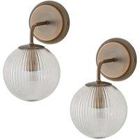 ValueLights Kempton Pair of Ribbed Glass Globe Shade Single Arm Wall Lights in Bronze