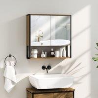 HOMCOM Industrial Bathroom Cabinet with 2 Mirrored Doors Open Shelf, Natural | Size: W600mm x H600mm