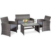 Gymax 4 PCS PE Rattan Outdoor Sofa Set With Glass Coffee Table & Cushions in Grey