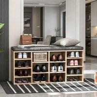 ERGOVEXA Natural Shoe Storage Bench with Cushion & 14 Compartments in Brown