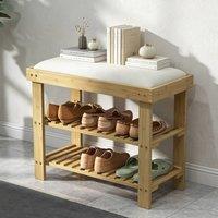 ERGOVEXA Bamboo Shoe Bench with Cushion Seat & 3-Tier Rack - Cream White