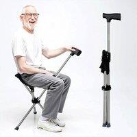 NESTLUNE Foldable Walking Stick with Seat, Adjustable Height Folding in Black