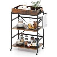 VOGREX Industrial 3-Tier Bar Cart 4 Lockable Casters Serving Trolley in Brown