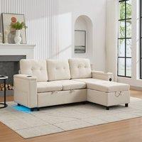 Tokpiedi 3-Seater Fabric L-Shaped Corner Sofa Bed with LED & Storage in Beige