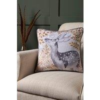 Dreams & Drapes 'Forest Animals' Deer Print Velvet Filled Cushion in Grey | Size: 43 cm x 43 cm