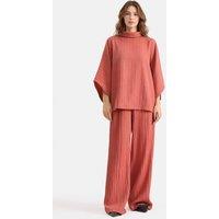 Zafosh Women's Textured High Neck Top & Wide Leg Trouser Co-ord in Terracotta | Size: Medium