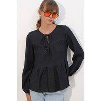Big Dart Women's Textured Tie-Front Blouse in Black | Size: Medium
