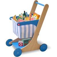 Teamson Kids Wooden Toy Shopping Cart with Play Food & Fabric Basket in Blue