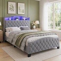 STILVORA 4ft6 Double Upholstered Bed with LED & Storage in Grey