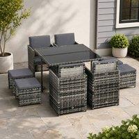 STILVORA Dining Set 8-Seater with cushions grey rattan