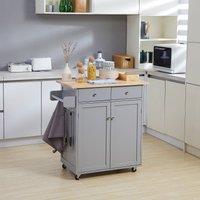 HOMCOM Rolling Kitchen Cart with Rubber Wood Top Towel Rack Hooks in Grey