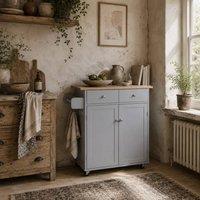 Wyld Haus Grey Rolling Kitchen Island Rubberwood Top Drawers