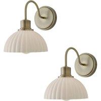 ValueLights Bourton Pair of Cream Ribbed Dome Wall Lights in Gold