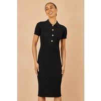 Yumi Women's Black Fitted Rib Knitted Midi Dress With Daisy Buttons | Size: Large