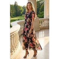 Roman Women's Floral Split Sleeve Midi Dress in Black | Size: 12