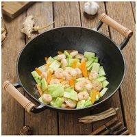 Living and Home 36CM D Round Cast Iron Wok Cookware Pot w/ 2 Wooden Handles Compatible with Induction Cooker, Stovetop in Black