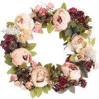 Garden Sanctuary 45cm Artificial Peony Mixed Flowers Wreath with Rattan Base