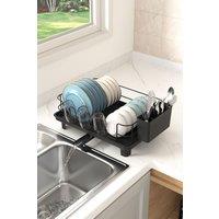 Living and Home Carbon Steel Dish Drainer Rack with Kitchenware Holder & Rotating Telescopic Drainage Pipe in Black