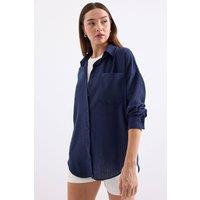 Big Dart Women's Linen Blended Shirt with Button Closure in Navy | Size: Small