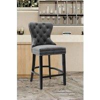 Living and Home Velvet Upholstered Button Dining Chair Tufted Nailhead with Rubber Wooden Legs Bar Stools for Kitchen Counter in Dark Grey