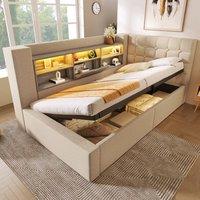 ModernLuxe Sofa bed with LEDs + Ottoman storage + L-shape storage headboard in Beige | Size: Single