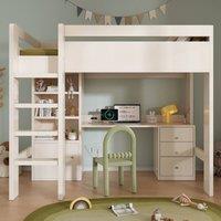 ModernLuxe Children's loft bed with desk + shelves + 3 drawers + USB in White | Size: Single