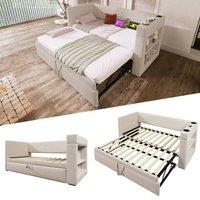 ModernLuxe Upholstered daybed sofa bed with storage & pull-out trundle in Beige | Size: Single