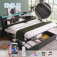 ModernLuxe Upholstered ottoman bed with LED, USB & storage headboard in Grey | Size: Double