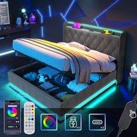 ModernLuxe Upholstered Ottoman storage bed with headboard + LEDs in Grey | Size: Double