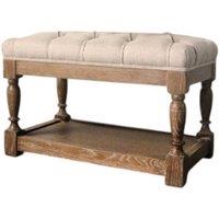 Minster 62cm Wooden Frame Buttoned Stool - Wood/Linen - L62 x W48 x H37 cm in Brown
