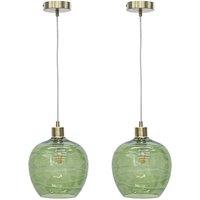 First Choice Lighting Set of 2 Leah - Green Ripple Glass Globe Satin Brass Pendant Fittings