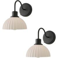 ValueLights Bourton Pair of Cream Ribbed Dome Wall Lights in Black