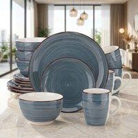 Alivio 16-Piece Porcelain Dinner Set, Lead-Free Blue Glaze Dinnerware Set for 4, Microwave & Dishwasher Safe Plates, Bowls & Mugs in Grey