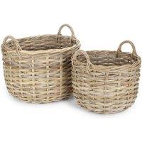 Red Hamper Set of 2 Curved Base Rattan Storage Basket in Natural
