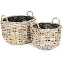 Red Hamper Set of 2 Curved Base Rattan Planter With Plastic Lining in Natural