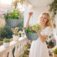 HOMCOM Set of 2 Artificial Cosmos Flowers, Hanging Planters with Basket