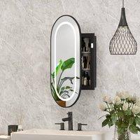 KEEPREAPER 42x80 Oval LED Mirrored Bathroom Cabinet Black 2 Glass Shelves